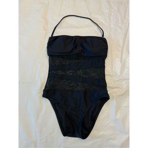 EUC Mossimo One-Piece Swimsuit Bathing Suit with Black Mesh Asymmetrical Stripes